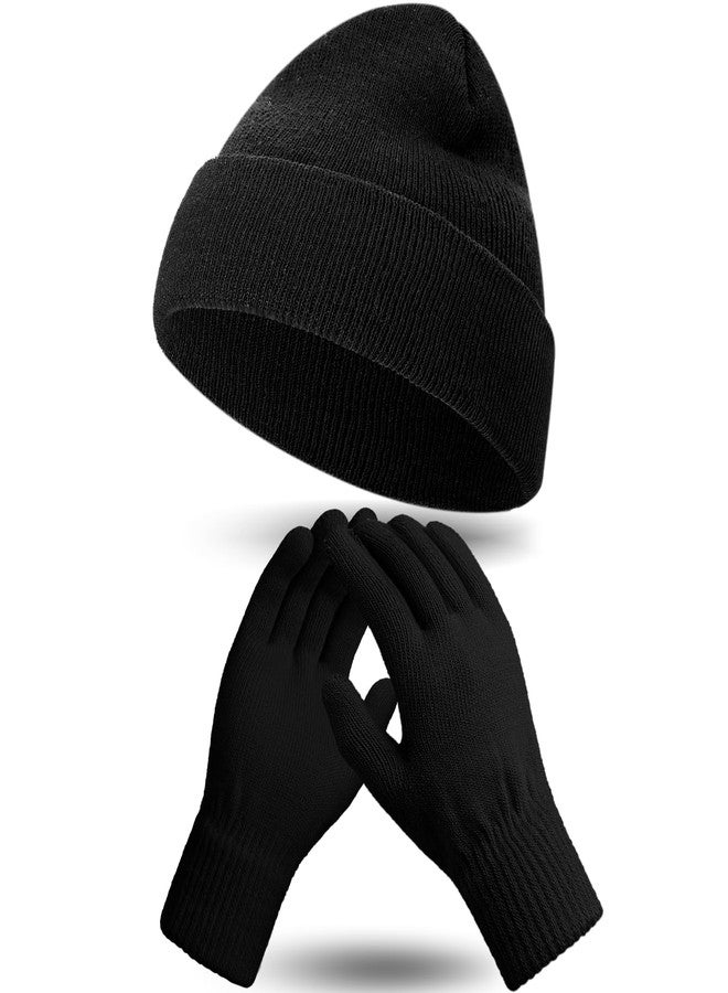 ShinyMatch Winter Beanie Hat Gloves Set, Soft Knitted Hat Stretchy Gloves Warm Skull Cap Set for Women Men Gifts (Black) - Image 1